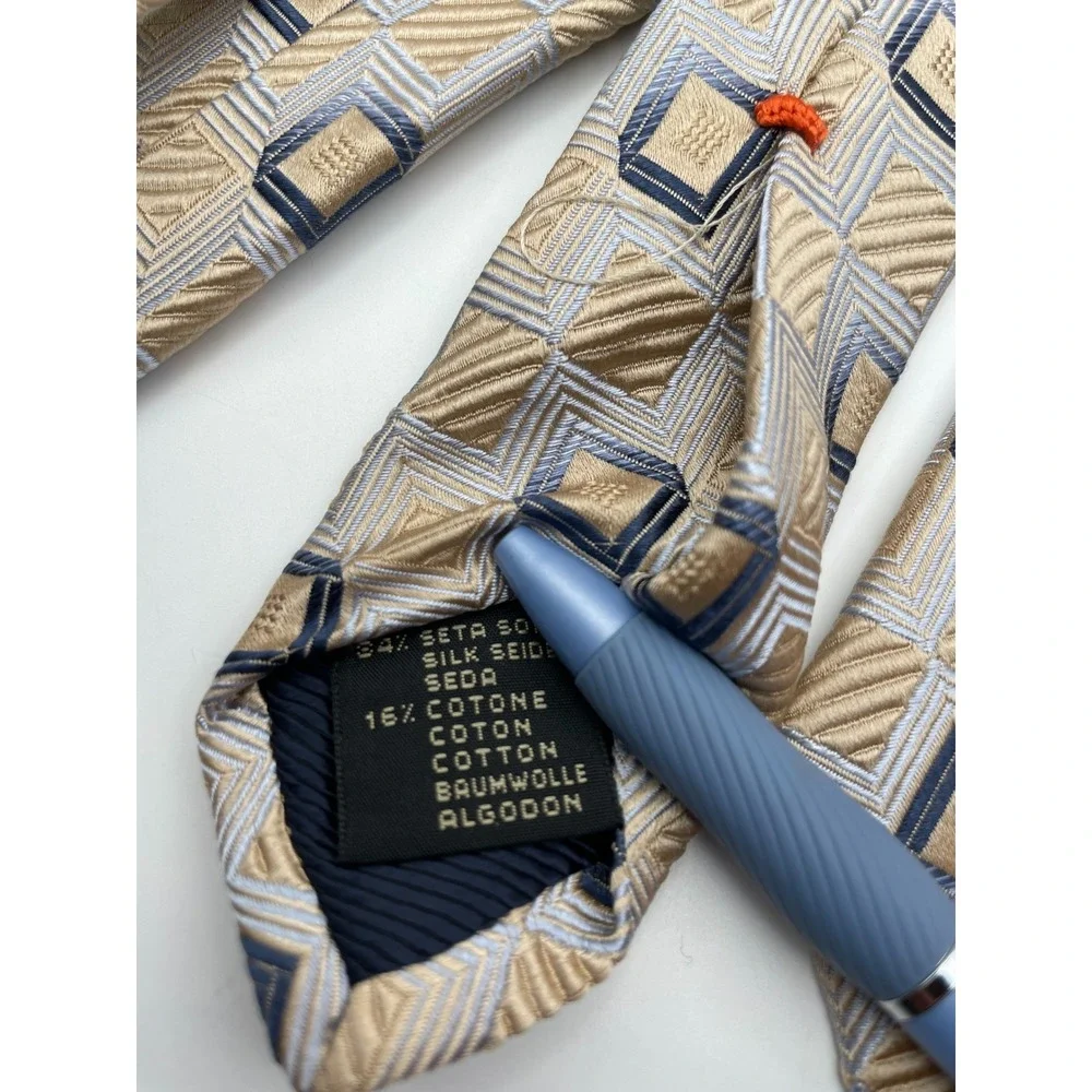 Ermenegildo Zegna Silk Cotton Tie Gold Navy Blue Geometric Square Made in Italy
